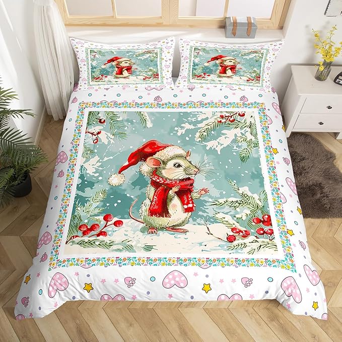 Feelyou Christmas Bedding Set Xmas Tree Snowflake Duvet Cover for Kids Boys Girls Cartoon Mouse Love Print Comforter Cover Cute Animal Bedspread Cover Bedroom Collection 2Pcs Toddler Size,No Comforter