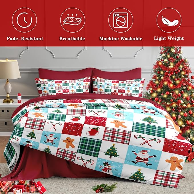 7 Pcs King Size Christmas Comforter Set with 2 Pillowcases & 2 Shams, Colorful Plaid Snowman Bedding for Kids and Adults, Cute Gingerbread Man Bed in a Bag with Flat Fitted Sheet