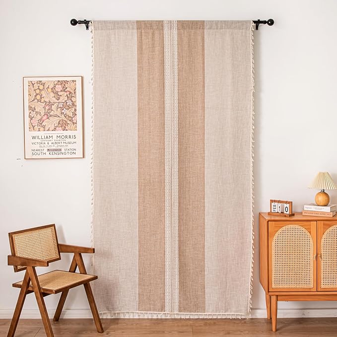 Deeprove Boho Curtains 96 Inches Long for Bedroom Dining Room Nursery, Cotton Linen Stripes Embroidery, Bohemian Farmhouse Window Treatment Drape Tassels, 1 Panel W52 x L96, Khaki and Coffee