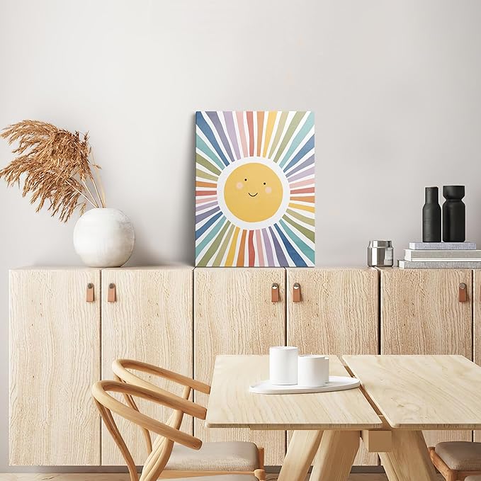 XWELLDAN Cute Cartoon Smiling Sun Cheerful Nursery Wall Art Canvas Prints, Boho Watercolor Neutral Sun Sunshine Wall Art Decor for Kids Baby Bedroom Nursery Playroom, 11 x 14 Inch, Framed