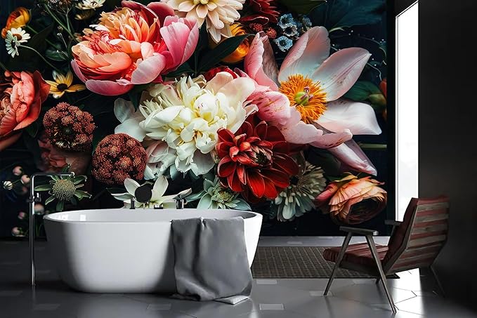 Dark Floral Wallpaper Peel and Stick Large Peony Flower Self Adhesive Wall Mural for Bedroom 82"x57"