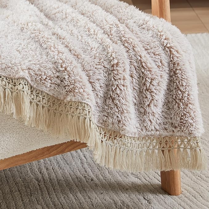 EMME Soft Sherpa Fleece Blanket with Tassel, Reversible Plush Fluffy Large Blanket, Light Weight Warm Decorative Boho Blanket Cover for Sofa, Couch, Bedroom,Travel(Tassel Khaki,90"x90")
