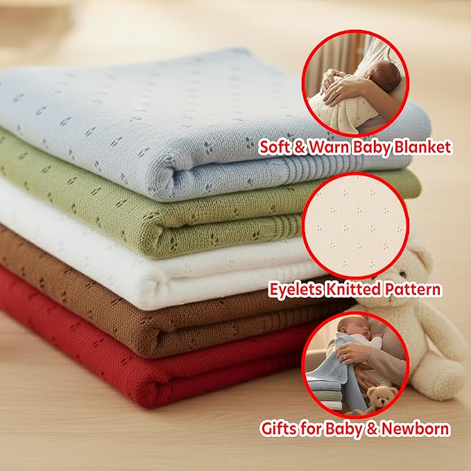 Baby Knit Blanket, 100% Cotton Eyelet Patterns, Soft, Cozy, Lightweight Swaddle for Newborn & Infant Swaddling Beige Neutral, Perfect Baby Shower Ideas Cream 30x40