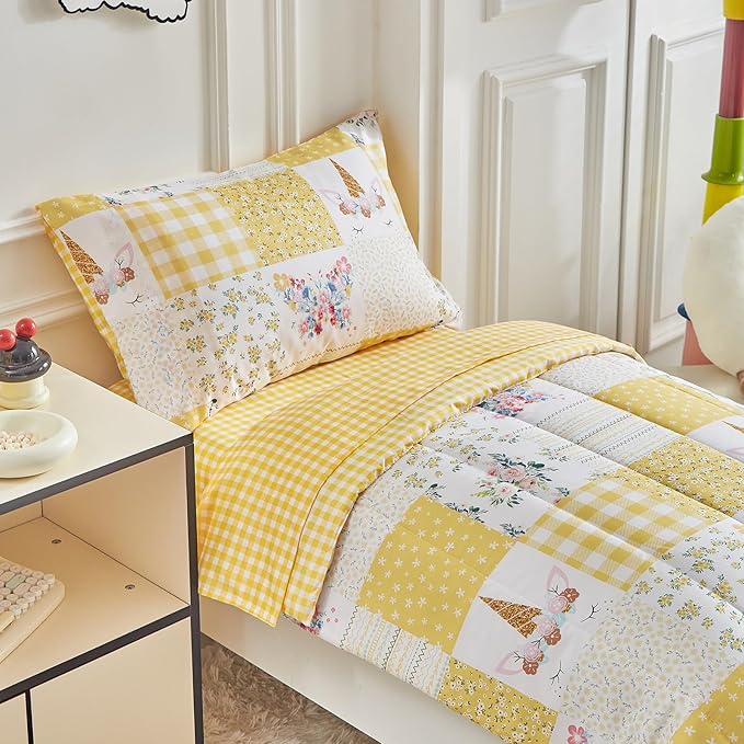 Joyreap 4 Piece Toddler Bedding Set for Girls- Butterflies Flowers Yellow n White Patchwork Design, Microfiber Toddler Bedding Comforter Set for All Seasons
