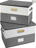 Large Linen Fabric Foldable Storage Bins with Removable Lid and Handles, Washable Storage Box Organizer Containers Baskets Cube with Cover for Bedroom,Office (Grey&Cream, Medium(2-Pack))