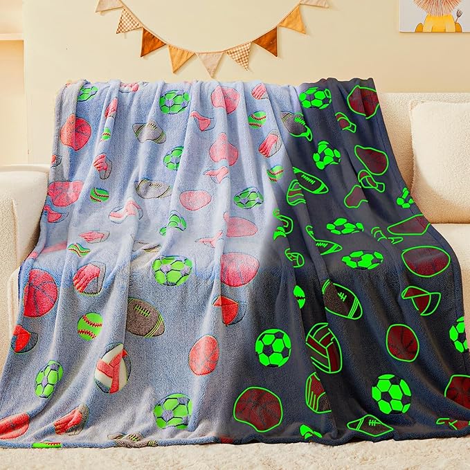 inhand Soccer Glow in The Dark Blanket Blanket Blue Soccer Gift Toys for Boys Girls Teen Soft Cozy Kids Throw Blanket Bedroom Decor,Christmas Easter Birthday Blue 40"x60"