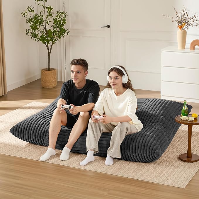 3-in-1 Giant Bean Bag Chair for Adults & Kid, Convertible Floor Sofa to Mattress, High-Density Foam Bean Bag Bed with Washable Cover, Multi Functional Lounge Couch for Bedroom, Living Room (Dark Grey)