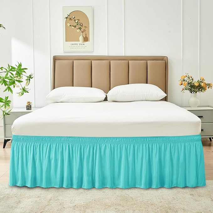 Biscaynebay Wrap Around Bed Skirts for King & Cal King Beds with Short Drop of 12", Aqua Adjustable Elastic Dust Ruffles Easy Fit Wrinkle Resistant Silky Luxurious Fabric Machine Washable