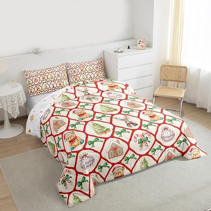 Manfei Merry Christmas Girls Bedding Set Twin Size,Kawaii Bowknot Cartoon Xmas Bear Comforter Set,Pine Tree Geometric Lattice Quilt Comforter Teens,Beige Red Green Room Decor All Season,1 Pillowcase