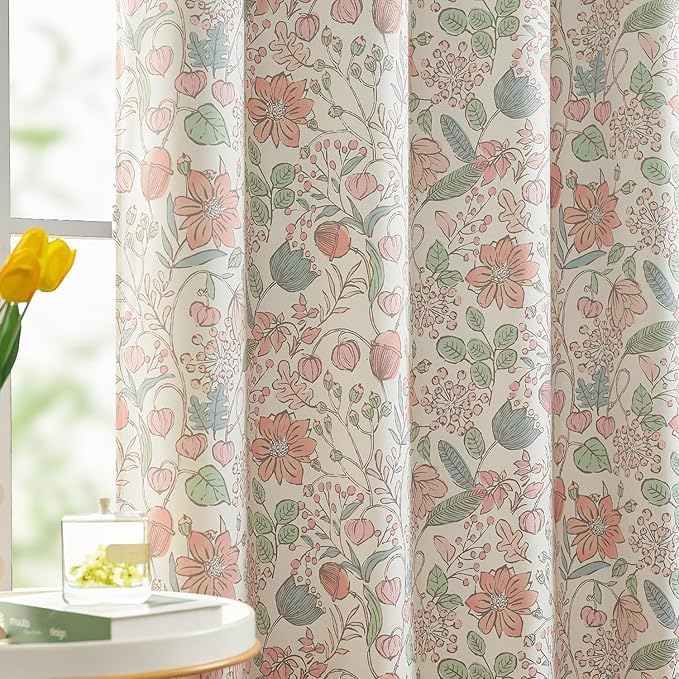 jinchan Nursery Curtains 95% Blackout Pink 90 Inch Long, Spring Floral Curtains for Girls Room, Farmhouse Country Drapes for Living Room, Room Darkening Window Treatments Grommet Top Set 2 Panels
