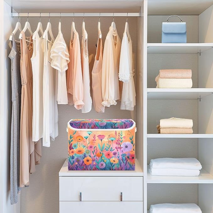 senya Large Storage Bins with Linen Collapsible Foldable Storage Cubes Fabric Closet Organizer Containers box with Flip-Top Lid for Home Bedroom Office 16.7 x 12.6 x 11.8in (Wildflowers Colorful)