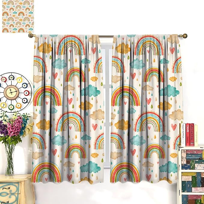 Boho Rainbow Curtains for Kids Nursery Colorful Floral Sun Star Clouds Pastel Bohemian Pattern Print Window Drapes for Girl Bedroom Living Room Kitchen Decor,2 Panel Set,42Wx54H Inch Blackout