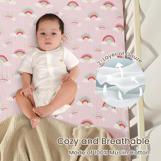 david's kids Muslin Mini Crib Sheets, 2 Pack Cotton Pack N Play Sheets for Girls, Soft Breathable Baby Sheets Fit Pack N Play, Playard and Mini Crib Mattresses, Rainbow