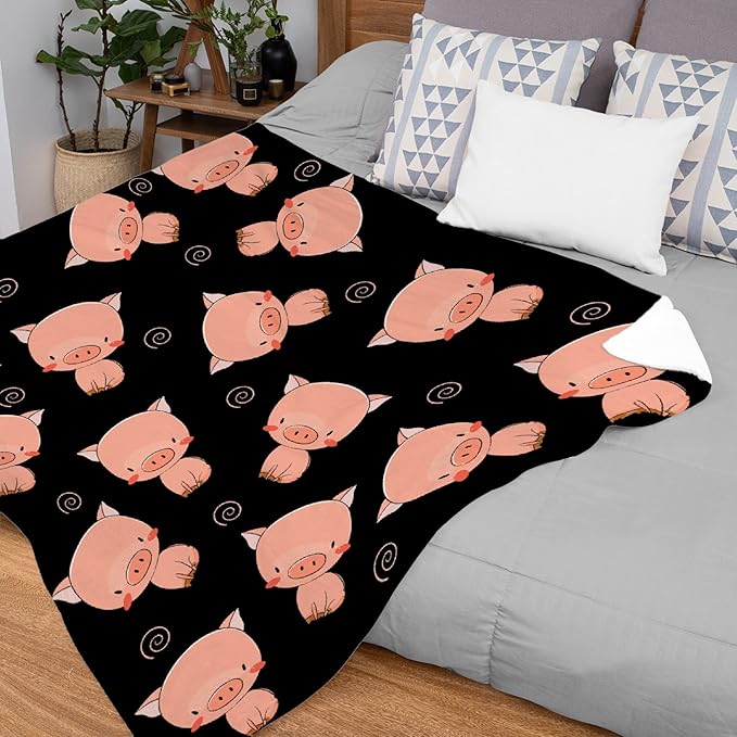 Thuswarm Cute Piggy Kawaii Pig Black Flannel Throw Blanket Warm Cozy Soft Funny Print Blankets for Bed Couch Sofa Room Decoration Gifts 40"×30" XSmall for Pets