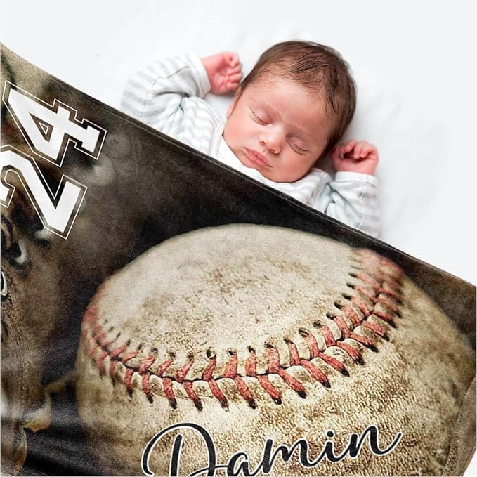 Personalized Baseball Blanket for Baby Boys and Girls - Soft and Fluffy Sport Blanket for Toddlers and Kids - Custom Name and Number Gift for Newborn(60"x80")