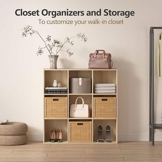 Bookshelf 9-Cube Storage Organizer, Sturdy Wooden Bookcase with Closed Back Panel, Multipurpose Display Shelf for Home Office, Bedroom, Study, 35.98" L x 9.45" W x 35.91" H, White Oak