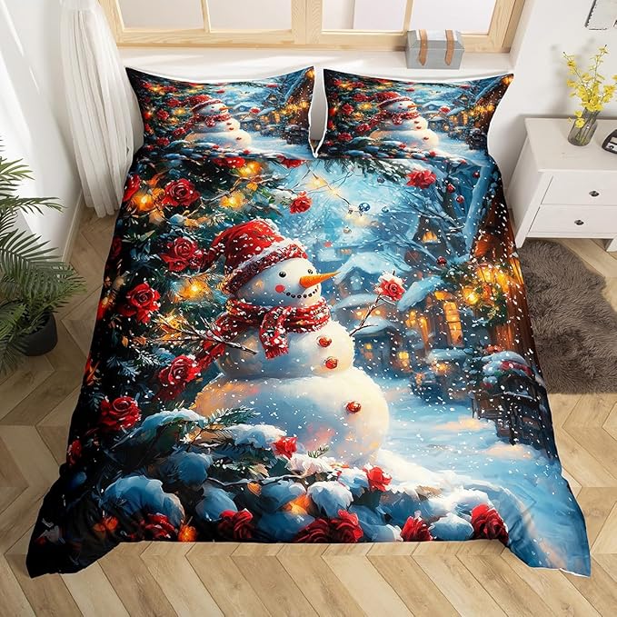 Manfei Christmas Kids Duvet Cover Set Twin Size, Cute Snowman Red Flower Bedding Set for Boys Girls Adults, New Year Winter Comforter Cover, Soft Polyester Quilt Cover, 1 Pillowcase, No Comforter
