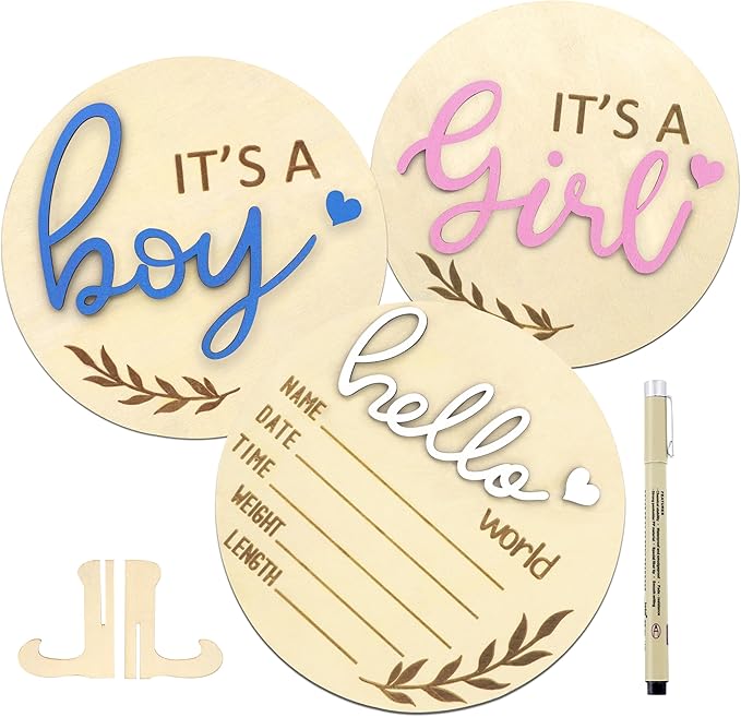 Baby Announcement Sign, Gender Reveal for Welcome Baby 3PCS Its a Boy/Girl and Hello World Newborn Sign Board Wooden Birth Name Announcement Plaque and Pen for Hospital Shower Party Photo Props
