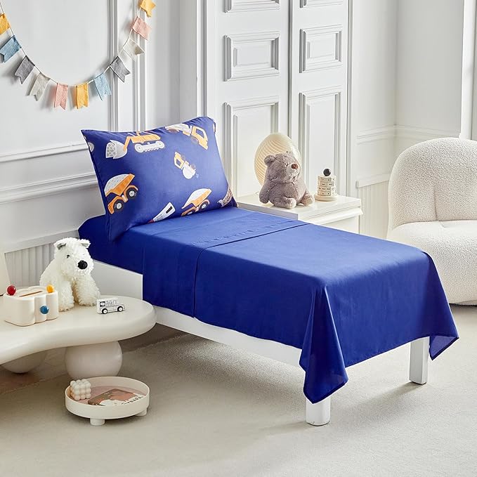 4 Pieces Construction Toddler Bedding Set for Boys Yellow Engineering Vehicle Toddler Bed Set with Bulldozer Tipper Truck Crane Cute Toddler Bed in a Bag with Sheet Set and Pillow Shams - Navy Blue