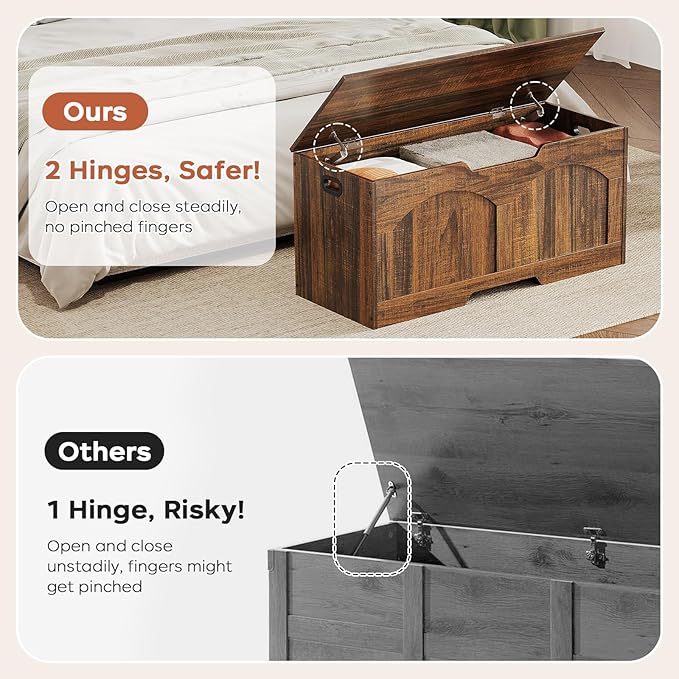 Storage Bench, 39.4" Retro Storage Trunk, Storage Chest with 2 Safety Hinges, U-Shaped Cut-Out Pull, Farmhouse Style, 39.4" x 15.7" x 18.3", Entryway Storage Bench, Supports 330 lb, Rustic Brown