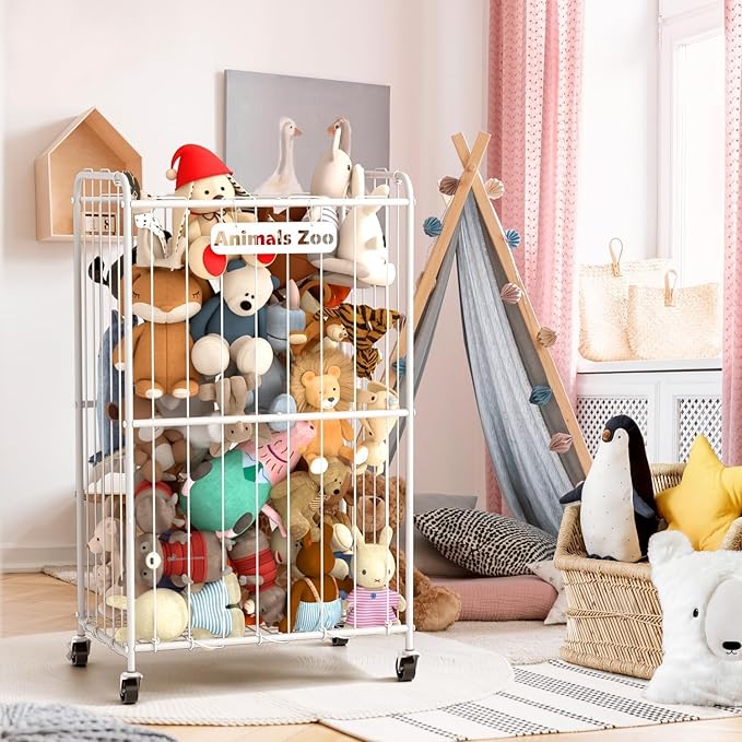 250L Stuffed Animal Organizer Plush Toy Storage Organizer Toy Storage Basket, Kids Toy Storage Bins with Wheels, Metal Frame and Elastic Cord Design, Suitable for Storage of Any Stuff