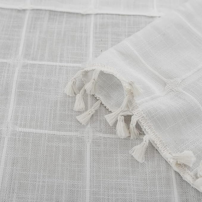 Deeprove Boho Plaid Curtains 63 inch for Home Office Kitchen Nursery, Semi Blackout Casual Farmhouse Tassels Window Treatment Bohemian Embroidery Drape Rod Pocket 1 Panel 52 W x 63 L, Cream White