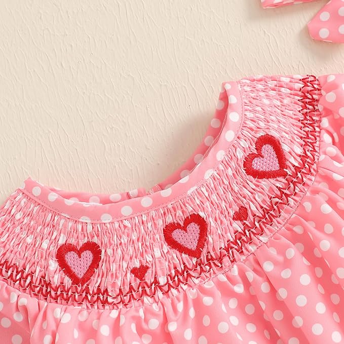 Amiblvowa Baby Girl Valentines Day Outfit Embroidery Love Heart Smocked Bubble Romper Bodysuit Cute Infant Newborn Clothes