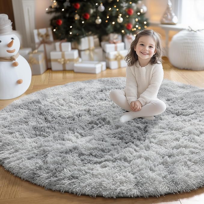 Amdrebio Tie-Dyed Light Grey Round Area Rugs for Living Room, 7x7 Large Soft Circle Rugs for Bedroom, Fluffy Shag Carpet for Kids Room, Big Modern Floor Circular Shaggy Farmhouse Rug