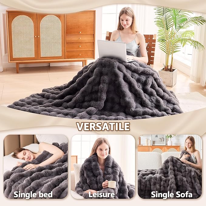 Heated Blanket Electric Throw, 50" X 60" Heated Blanket with 10 Heat Levels 8 Hours Auto Off, Faux Rabbit Fur Bubble Electric Blanket