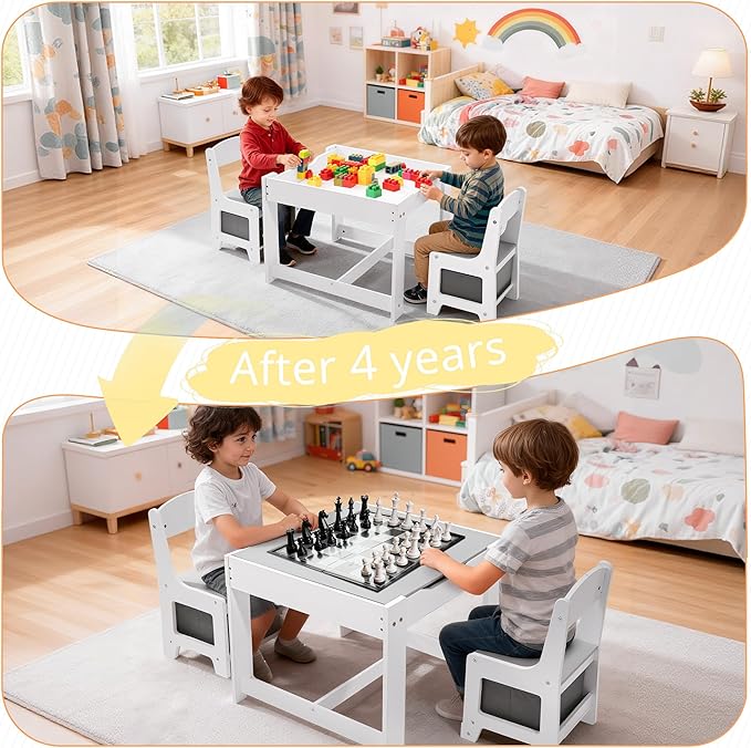 Kids Table and Chairs Set, 3 in 1 Wooden Toddler Table with Storage Drawer and Detachable Tabletop, for Children/Toddler/Baby Drawing Reading Playing, White and Gray