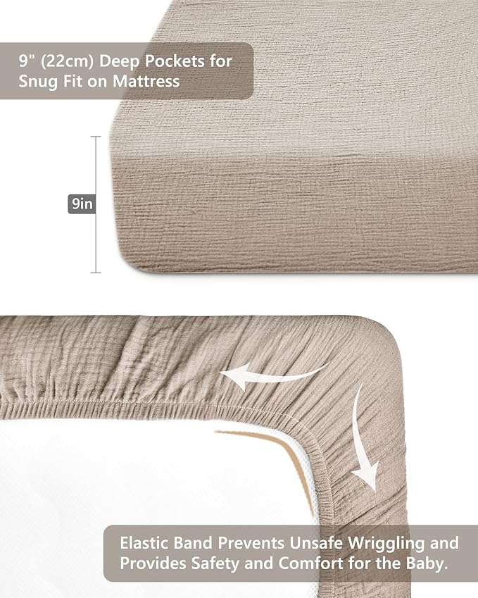 Crib Sheets for Baby Boy Girl 2 Pack, Fitted Crib Mattress Sheet 28" x 52", Muslin Toddler Bedding with Neutral Style, Nursery Bedding Essentials (Beige & Pale Yellow)