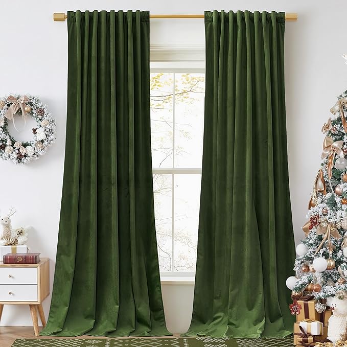StangH Moss Velvet Curtains 96 inches for Living Room, Luxury Holiday Decor Green Light Blocking Noise Reducing Drapes for Nursery Bedroom, W52 x L96, 2 Panels