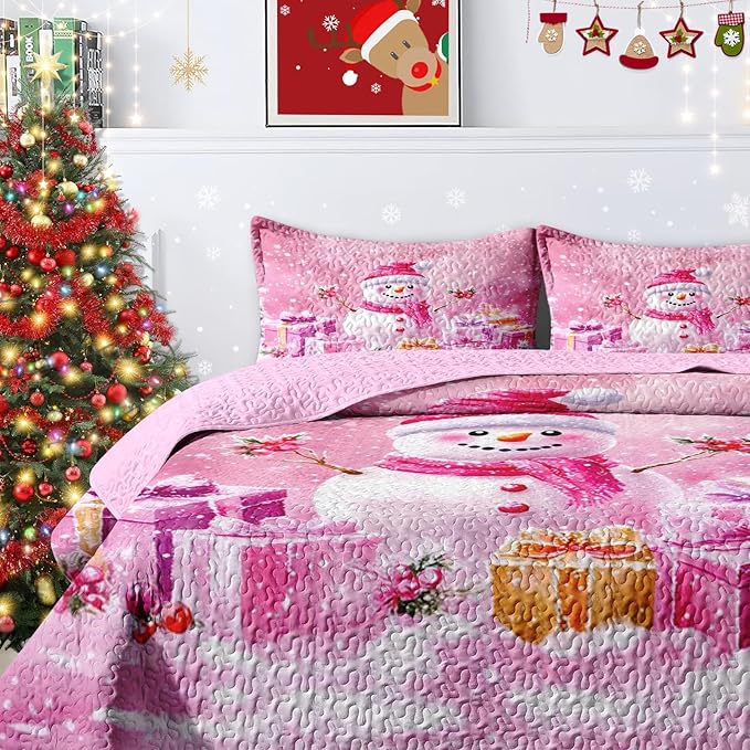 Christmas King Size Quilt Set, Pink Funny Snowman Lightweight Bedspread Coverlet with Pillow Shams for Kids and Adults, Surprise Gift 3 Pcs Bedding Bed Cover