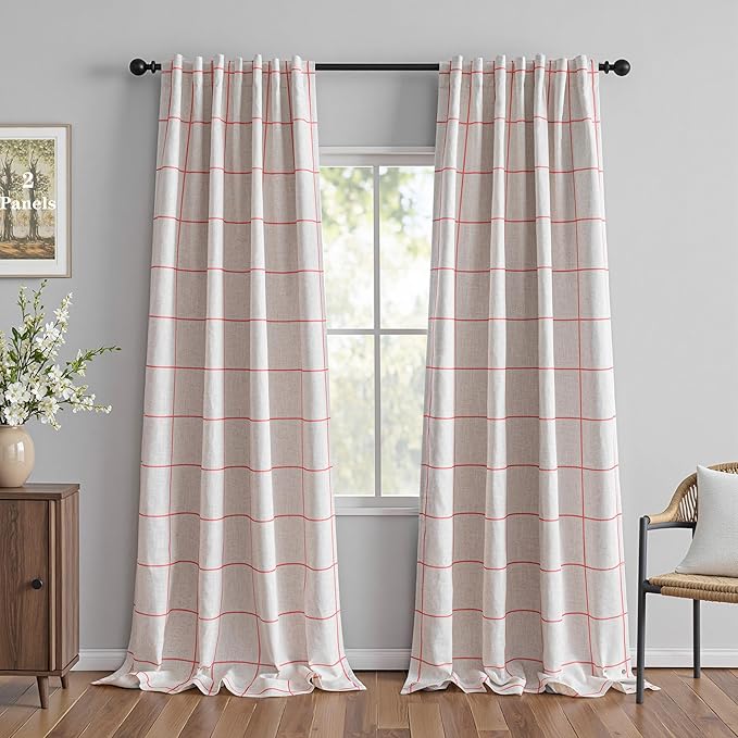 MYSKY HOME 100% Blackout Plaid Linen Curtains 95 Inches Long Double Layer Farmhouse Thermal Insulated Checkered Patterned Drapes Rod Pocket Back Tab for Living Room Girls Room, 2 Pcs, 52" Wide, Pink