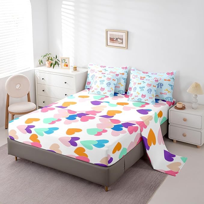 Cartoon Bowknot Kids Comforter King Size,Bow Tie Cute Princess 7 Pcs Bedding Set,Geometric Dot Silk Ribbon Patchwork Room Decor,Pink Blue Dreamy （Fitted+Sheet+2 Pillowcases+2 Throw Pillow Covers）