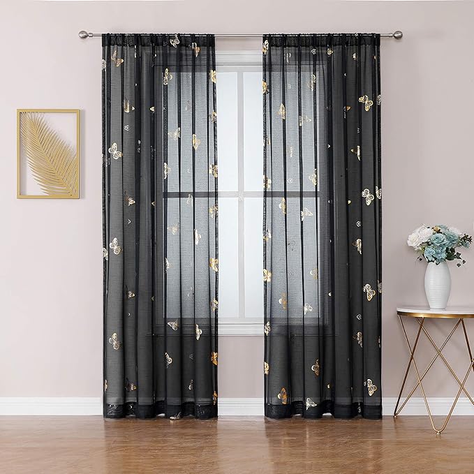 Jubilantex Black and Gold Butterfly Sheer Curtain Panels for Boys Girls Room, Linen Textured Metallic Print Patterned Voile Rod Pocket Curtain Drapes 95 Inch Long for Bedroom, 2 Panels