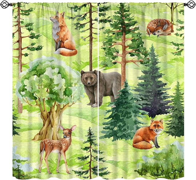 Woodland Animal Curtains, Watercolor Jungle Animals Fox Bear Pattern Blackout Window Treatments, Rod Pocket Thermal Insulated Drapes 2 Panel Sets for Kids Bedroom Nursery Classroom, 84" W X 84" L