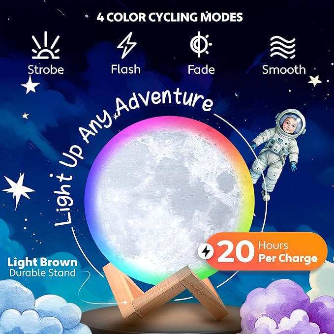 Mind-Glowing Moon Lamp - 3D Moon Night Light for Kids Bedroom - Globe Nightlight with Multi Color LED, Touch/Remote Control - Birthday Gift for Any Year Old Girls & Boys - Space Decor (7.1 inch)