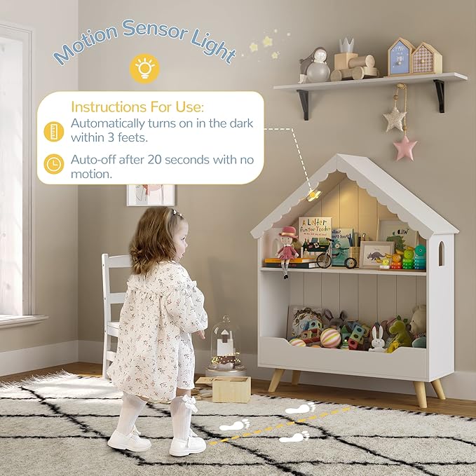 Curipeer Kids Dollhouse Bookshelf, Wooden Bookcase Storage with Motion-Activated Light, 2-Tier Open Display Organizer for Toys, Books, Baby Bookshelf for Birthday, Christmas, Classroom Storage, White