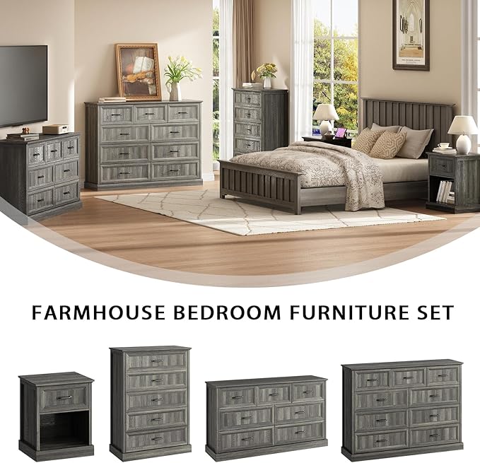 CARPETNAL Farmhouse Dresser and Nightstand Sets for Bedroom, 3 Pcs Bedroom Set, 8 Drawer Dresser & Nightstand Set of 2, Modern Wood Chest of Drawers for Bedroom, Living Room, Entryway, Grey