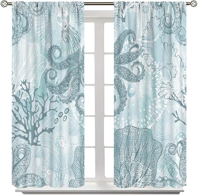 Coastal Window Curtains,Nautical Beach Themed Thermal Insulating Blackout Curtain for Living Room, Bedroom Set 2 Panels,84x84 Inches