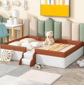 Merax Upholstered Kids' Daybed, Daybed Frame with Fence and Stairs, No Box Spring Needed, Full Size, Brown+White