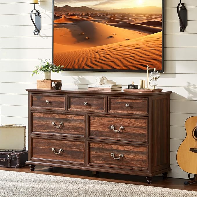 Bedroom Dresser Sets, 54" Wide 7 Drawers Dresser and 37" Tall 4 Drawers Dresser, Wooden 2 Piece Bedroom Furniture Set, Chest of Drawer for Bedroom, Home, Living Room, Hallway, Brown