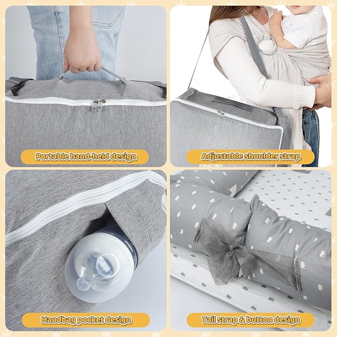 Baby Lounger for Newborn 0-24 Months, Snuggle Cozy Me Portable Infant Lounger with Soft Breathable Cotton, Adjustable Size Lengthen Space Lightweight & Washable Essentials for Home Travel (1. Crown)