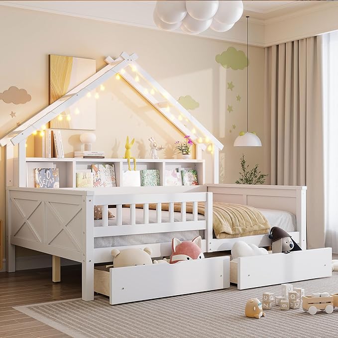 Merax Full Size House Platform Bed with Storage Drawers, Full Toddler Bed with LED Light and Guardrail, Sturdy Wood Frame Support, House Platform Bed with Roof Design for Kids, No Box Spring,White