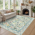 Green Floral 5x7 Area Rug, Washable Non-Slip Boho Rugs for Living Room Low Pile Flower Birds Bedroom Rug, Soft Non-Shedding Botanical Indoor Carpet for Nursery Playroom Dining Room