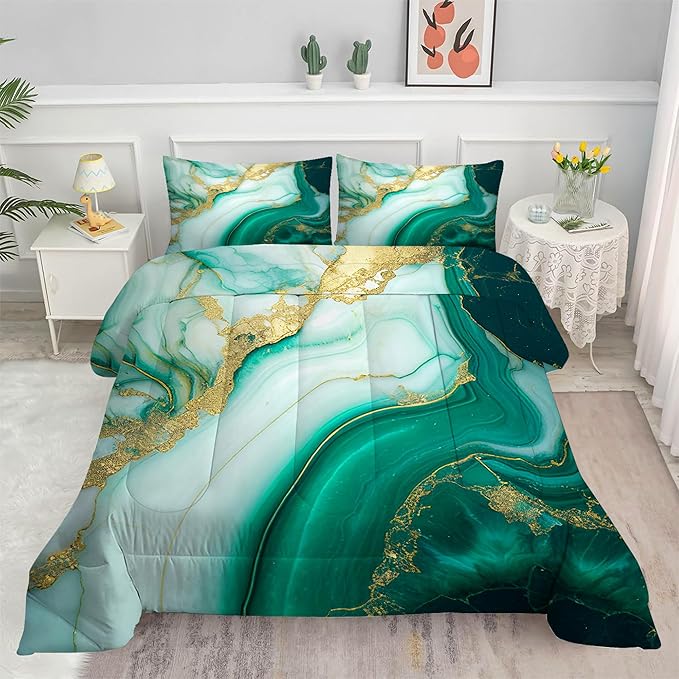 Comforter Set Green Marble: Queen Size Emerald Green Gold Bedding Set for Teen Girls Kids Adults Abstract Turquoise Watercolor Marbling Quilt Bed Sets 1 Comforter & 2 Pillowcases