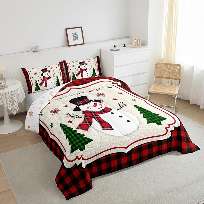 Manfei Cute Snowman Comforter Set Twin Size, Xmas Trees Snowflake Down Comforter with 1 Pillowcase, Christmas Theme Red Plaid Bedding Set 2pcs for Kids Girls Room Decor New Year Duvet Insert