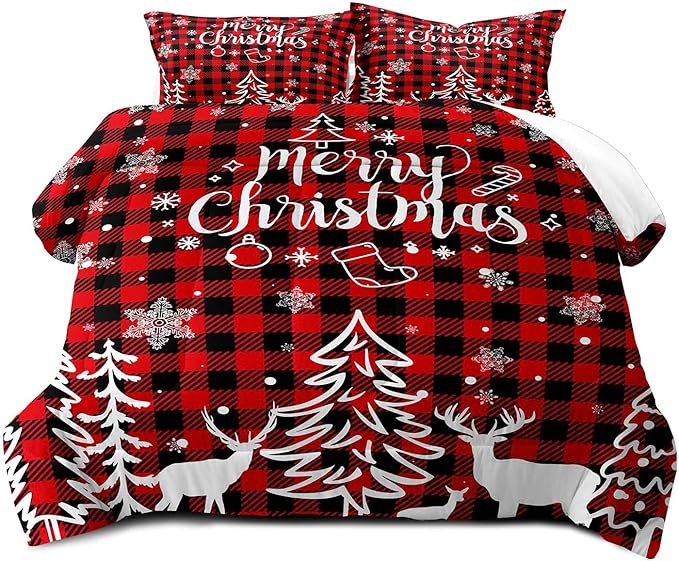 LUVIVIHOME 3PCS Christmas Comforter Set King Size, Plaid Bedding, Red and Black Buffalo Check Snowflake Forest Deer Merry Christmas Bedroom Decor, Soft Microfiber Quilt, Xmas Gifts, 2 Pillow Cases
