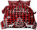 LUVIVIHOME 3PCS Christmas Comforter Set King Size, Plaid Bedding, Red and Black Buffalo Check Snowflake Forest Deer Merry Christmas Bedroom Decor, Soft Microfiber Quilt, Xmas Gifts, 2 Pillow Cases